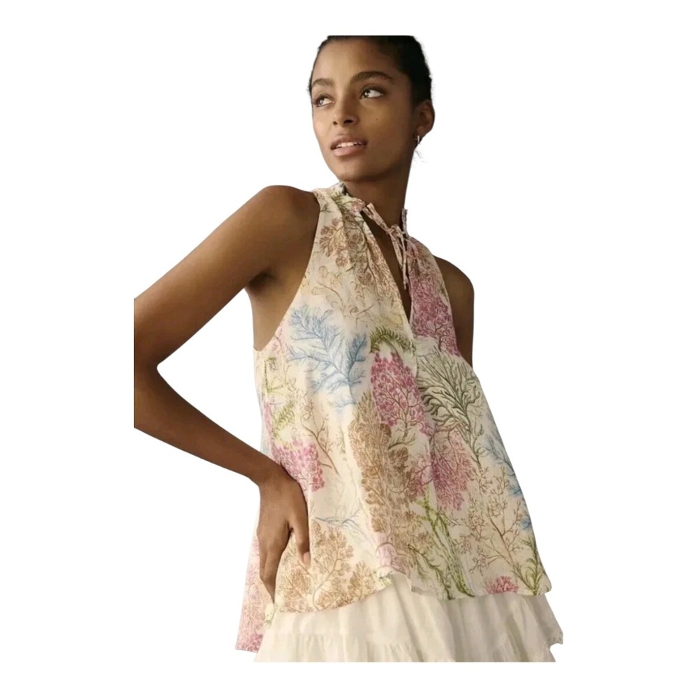Anthropologie Pilcro Tavi‎ Women's Small Linen Botanical Print V-neck Ruffle Top